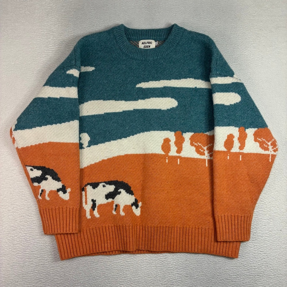 Aelfric Eden Cow Landscape Sweater Women L Orange Blue Knit Cottagecore